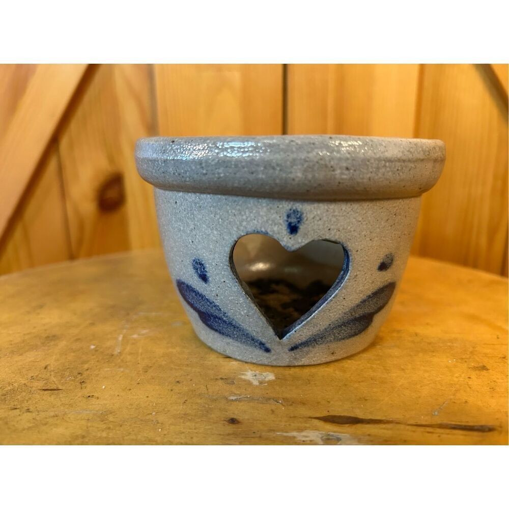 VTG 1987 Rowe Pottery Salt Glazed Blue Floral Heart Hand Thrown Crock Tealight (
